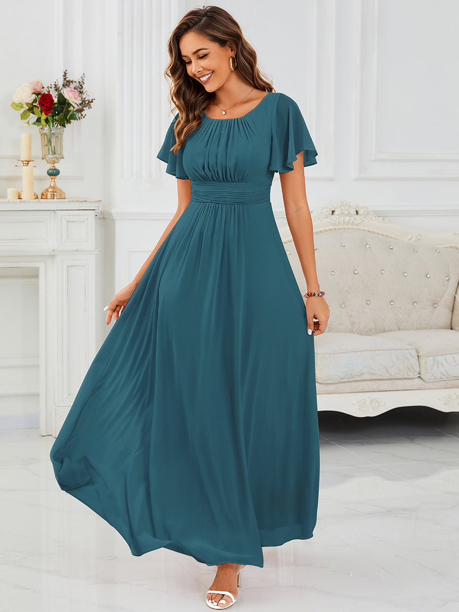 Bodenlanger A-Linien Chiffon Kleid Mit Falten Und Raffung Rundhals #Farbe_Petrol
