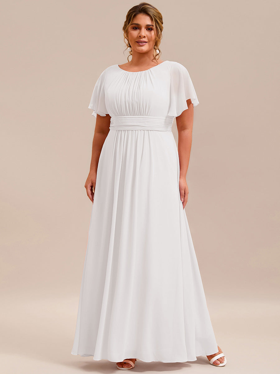 Bodenlanger A-Linien Chiffon Kleid Mit Falten Und Raffung Rundhals #Farbe_Weiß