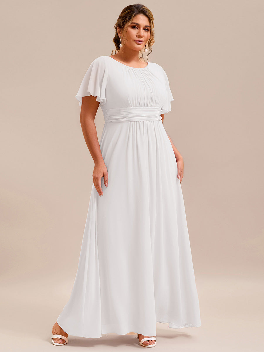 Bodenlanger A-Linien Chiffon Kleid Mit Falten Und Raffung Rundhals #Farbe_Weiß