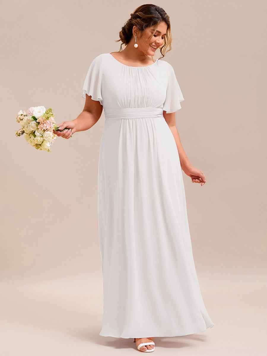 Bodenlanger A-Linien Chiffon Kleid Mit Falten Und Raffung Rundhals #Farbe_Weiß