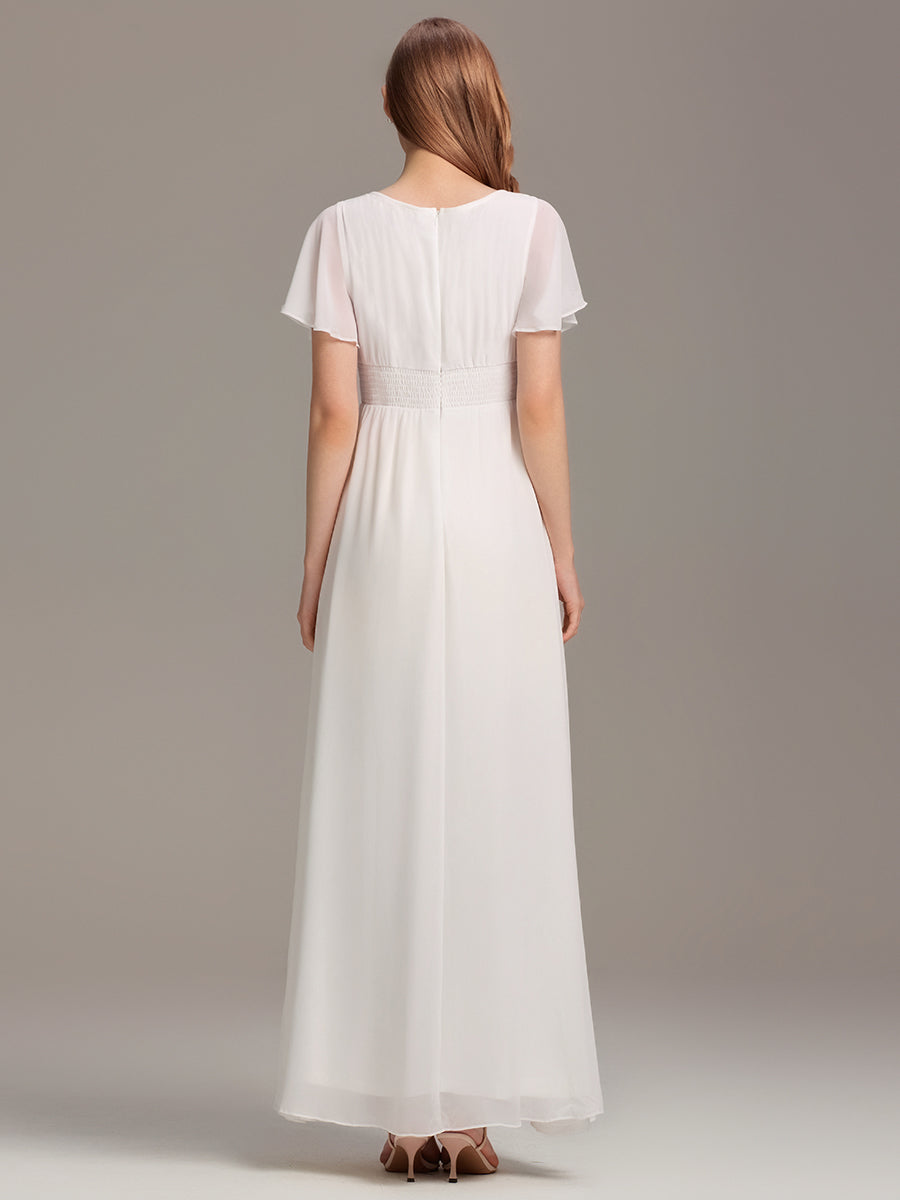 Bodenlanger A-Linien Chiffon Kleid Mit Falten Und Raffung Rundhals #Farbe_Weiß