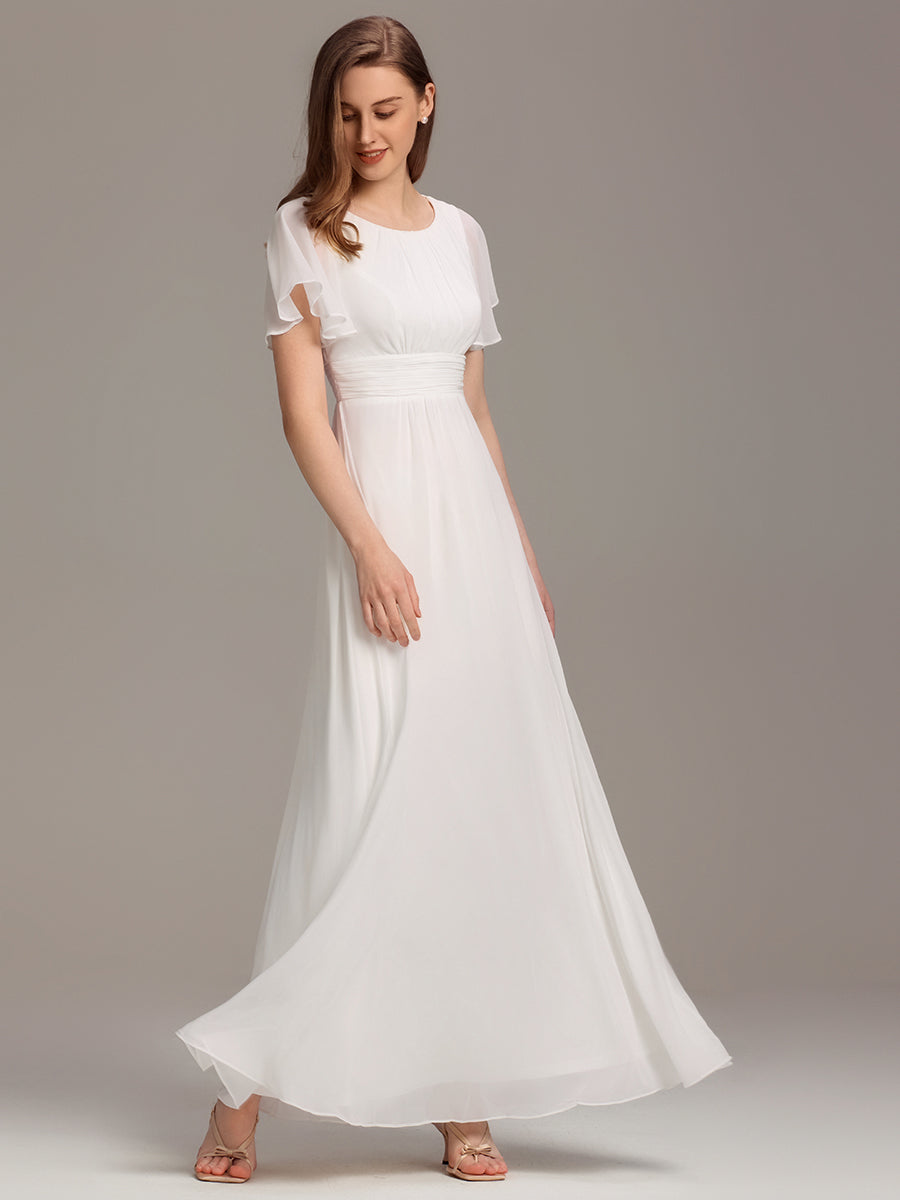 Bodenlanger A-Linien Chiffon Kleid Mit Falten Und Raffung Rundhals #Farbe_Weiß