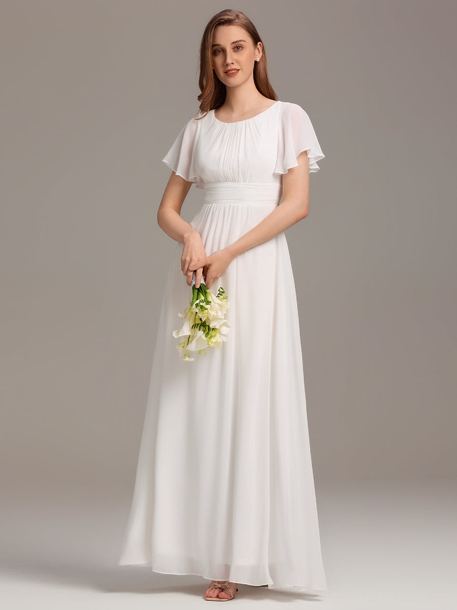 Bodenlanger A-Linien Chiffon Kleid Mit Falten Und Raffung Rundhals #Farbe_Weiß