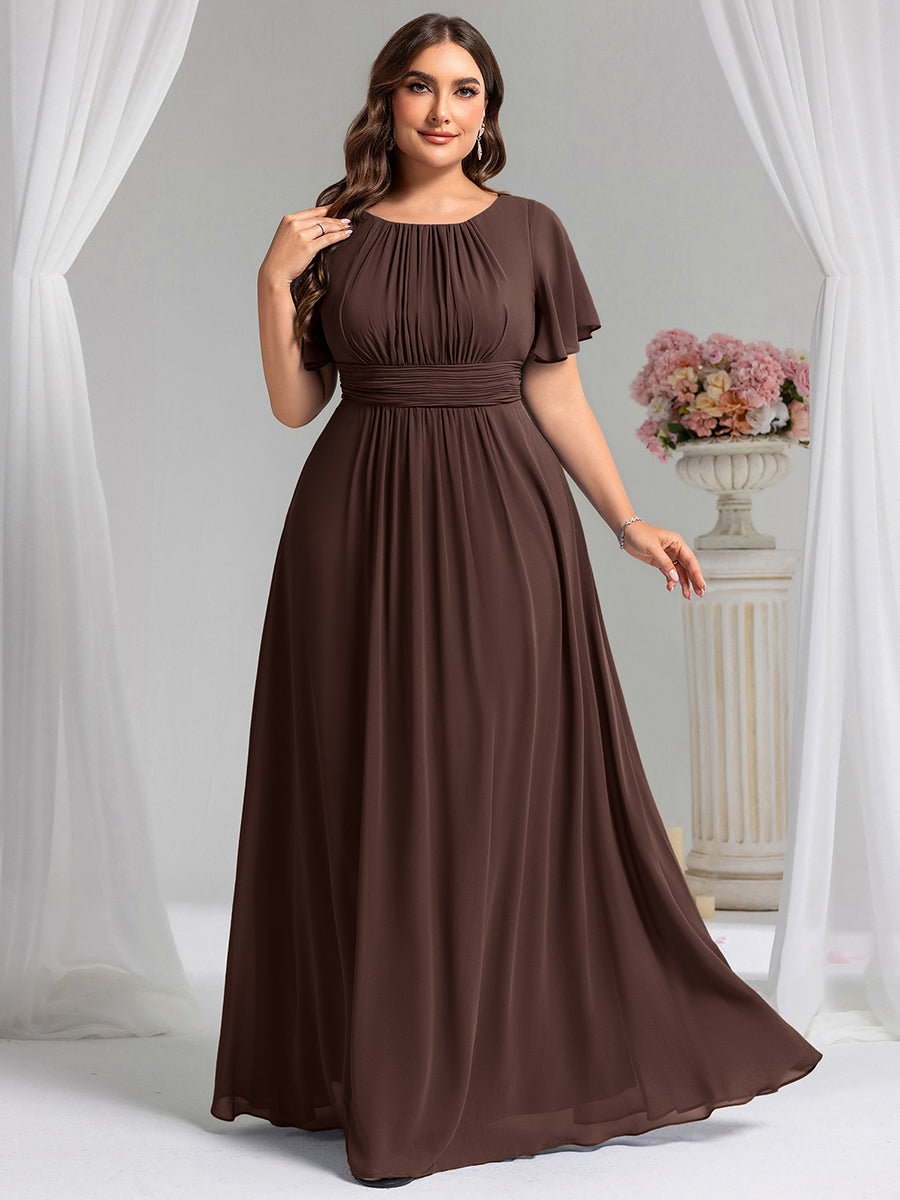 Bodenlanger A-Linien Chiffonkleid Mit Falten Und Rüschen Details Rundhals #Farbe_Schokoladenbraun