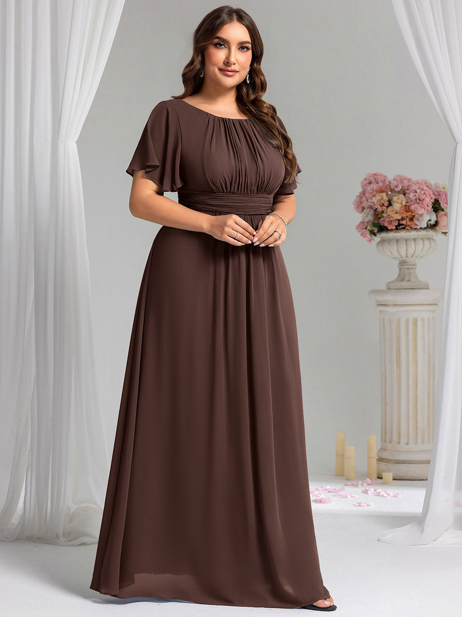 Bodenlanger A-Linien Chiffonkleid Mit Falten Und Rüschen Details Rundhals #Farbe_Schokoladenbraun