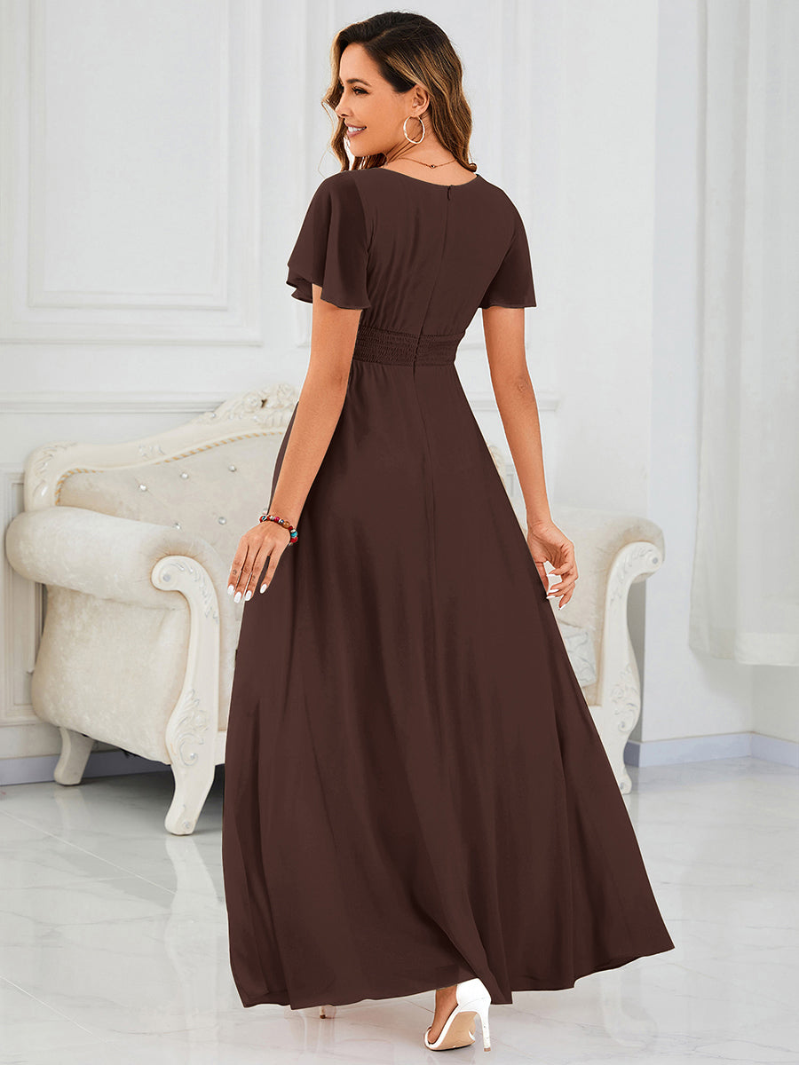 Bodenlanger A-Linien Chiffonkleid Mit Falten Und Rüschen Details Rundhals #Farbe_Schokoladenbraun
