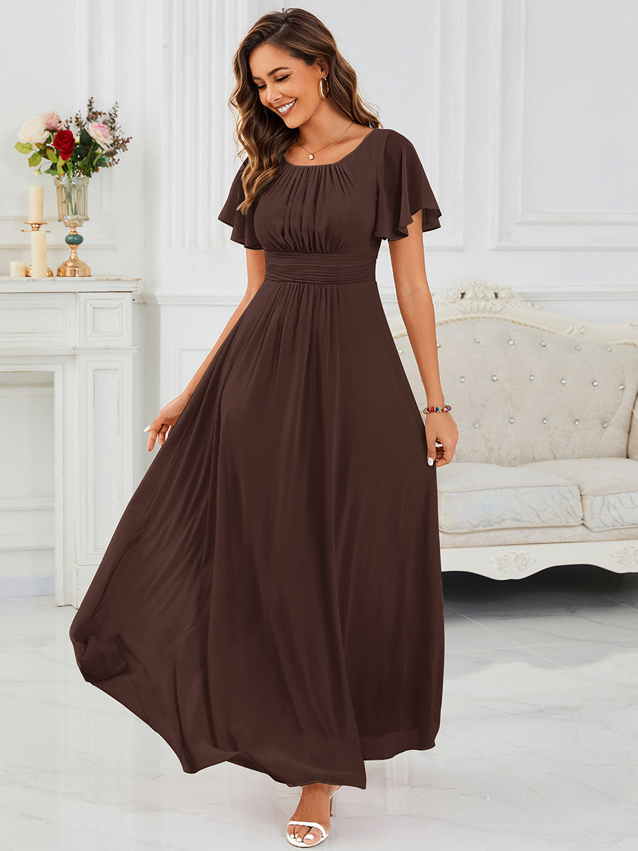 Bodenlanger A-Linien Chiffonkleid Mit Falten Und Rüschen Details Rundhals #Farbe_Schokoladenbraun