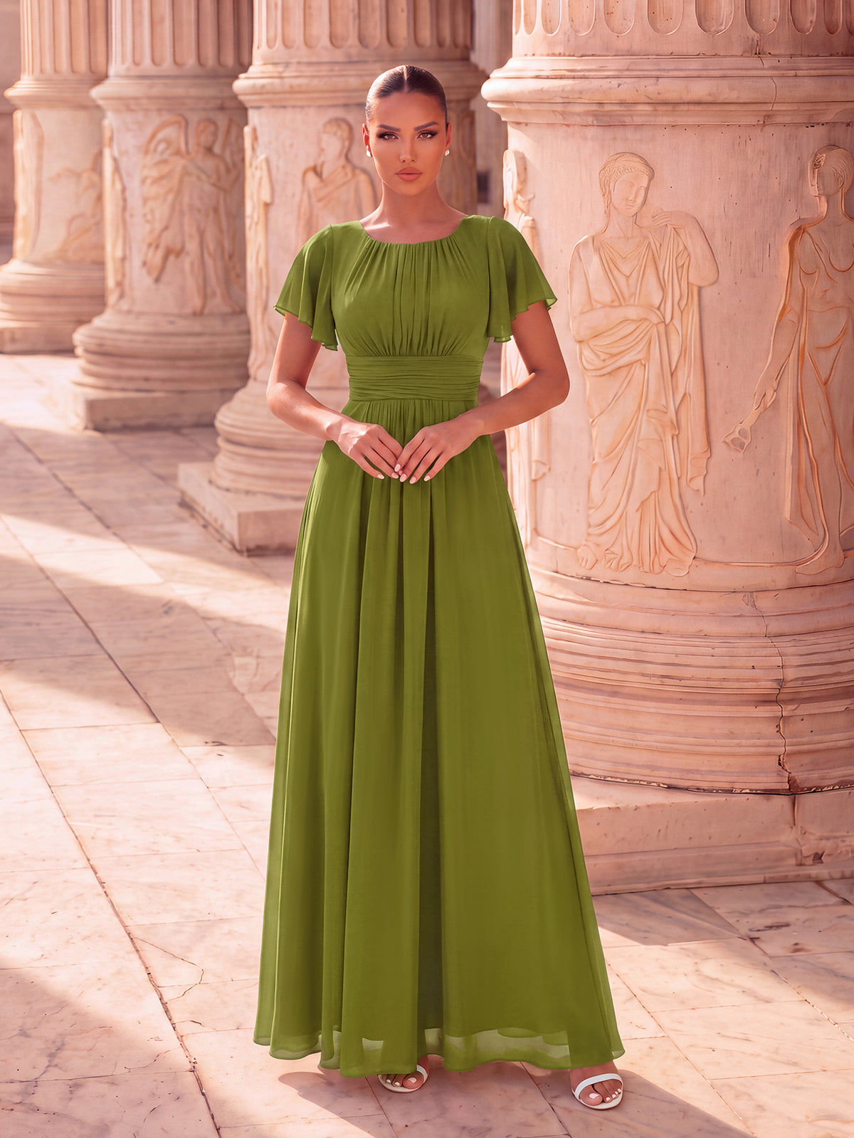 Bodenlanger A-Linien Chiffonkleid Mit Falten Und Rüschen Details Rundhals #Farbe_Zitrone