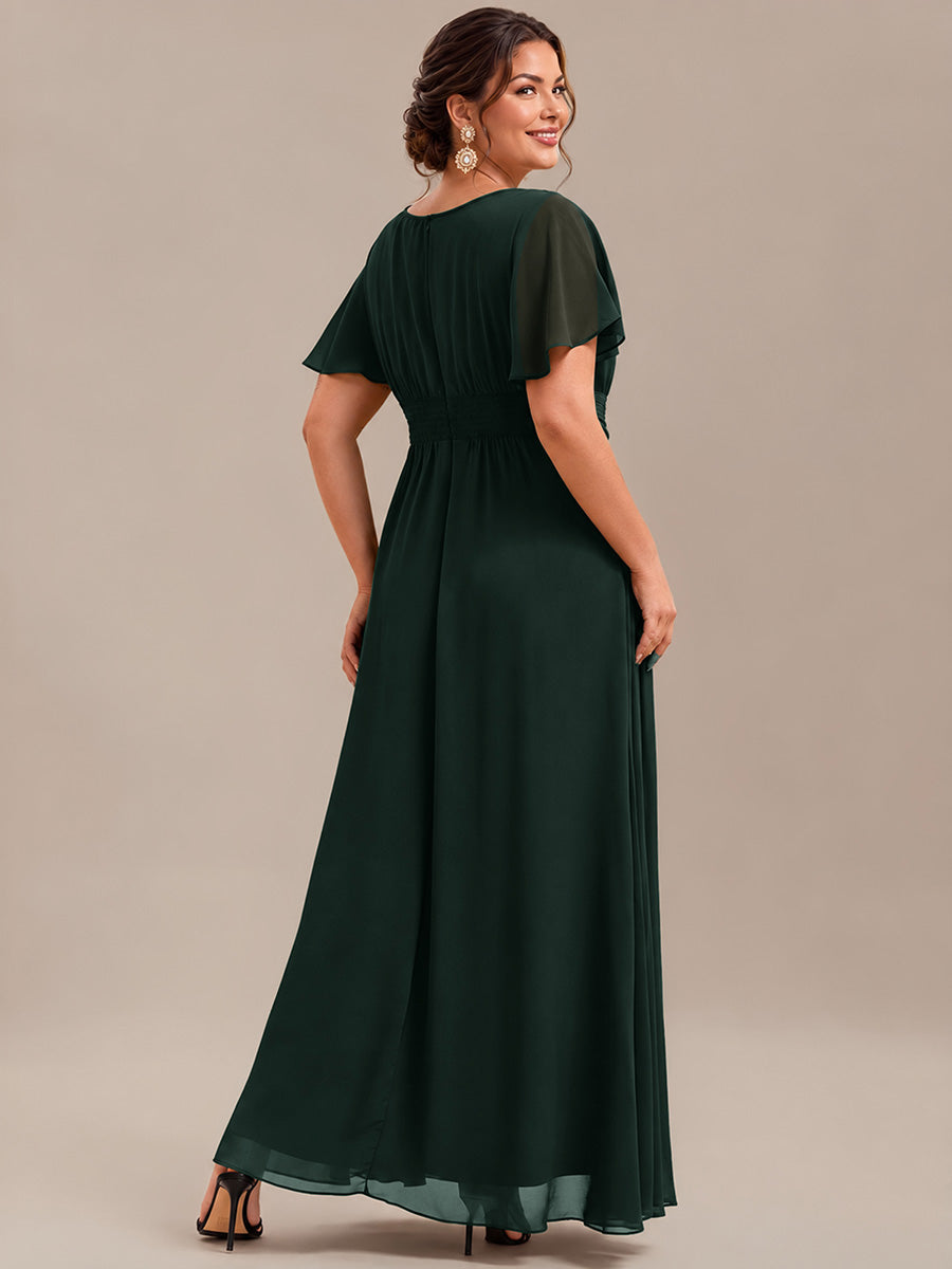 Bodenlanger A-Linien Chiffon Kleid Mit Falten Und Raffung Rundhals #Farbe_Dunkelwaldgrün