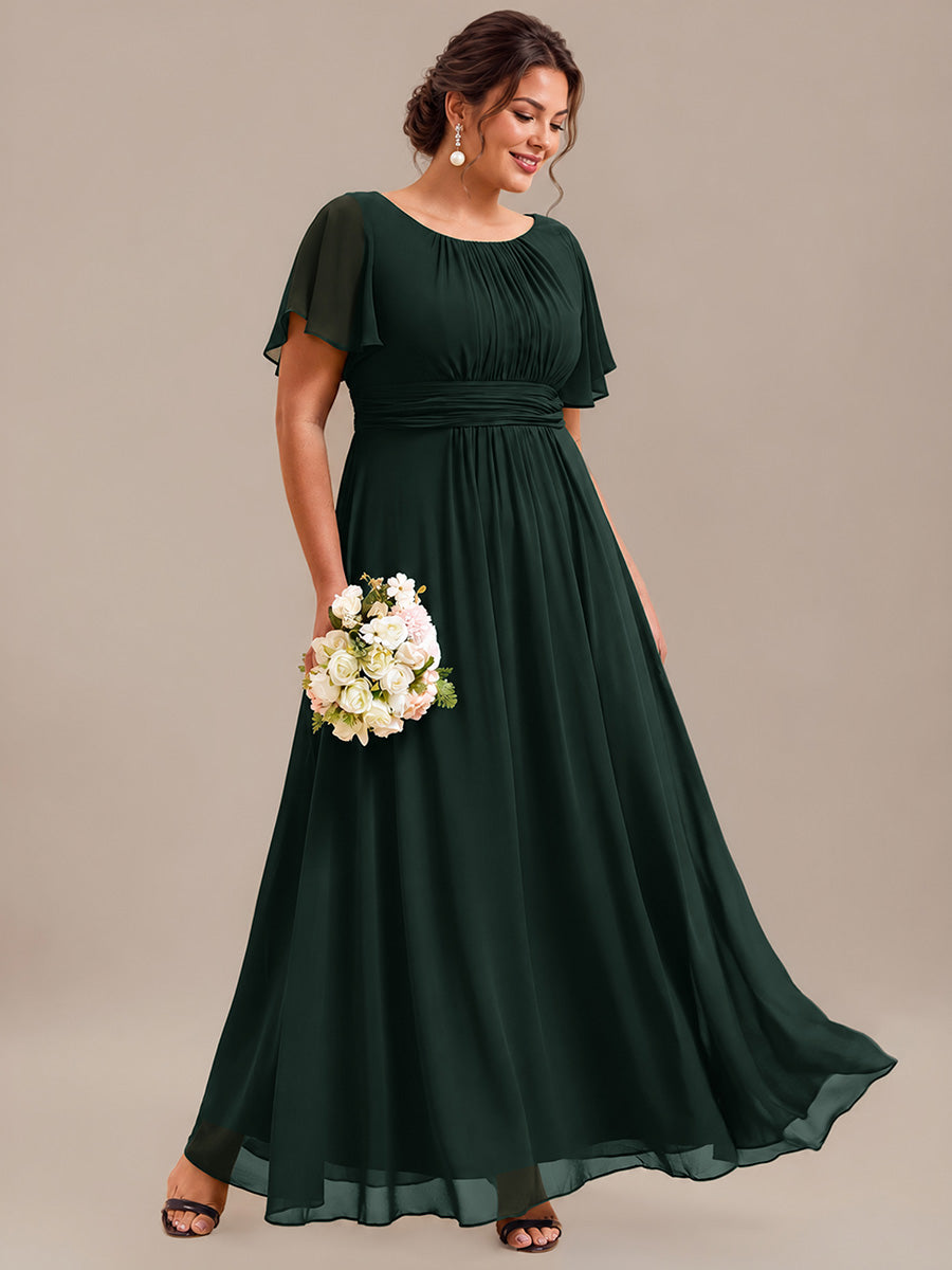 Bodenlanger A-Linien Chiffon Kleid Mit Falten Und Raffung Rundhals #Farbe_Dunkelwaldgrün