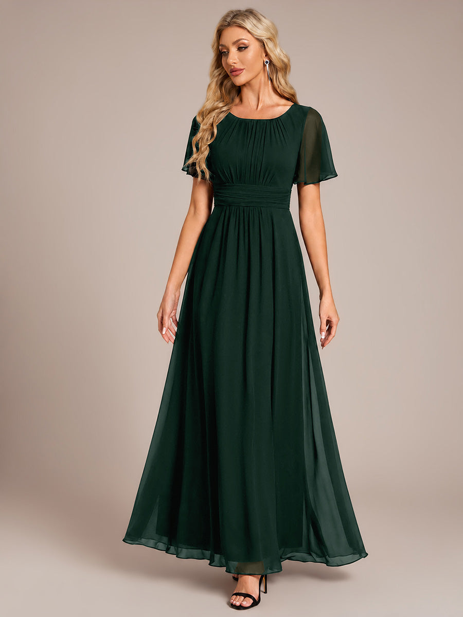 Bodenlanger A-Linien Chiffon Kleid Mit Falten Und Raffung Rundhals #Farbe_Dunkelwaldgrün
