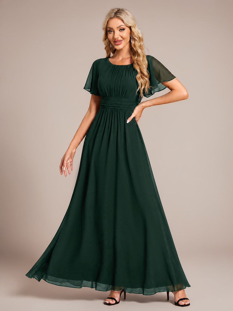 Bodenlanger A-Linien Chiffon Kleid Mit Falten Und Raffung Rundhals #Farbe_Dunkelwaldgrün
