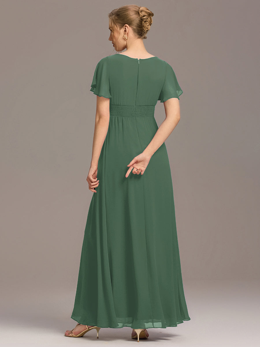 Bodenlanger A-Linien Chiffonkleid Mit Falten Und Rüschen Details Rundhals #Farbe_Eukalyptus