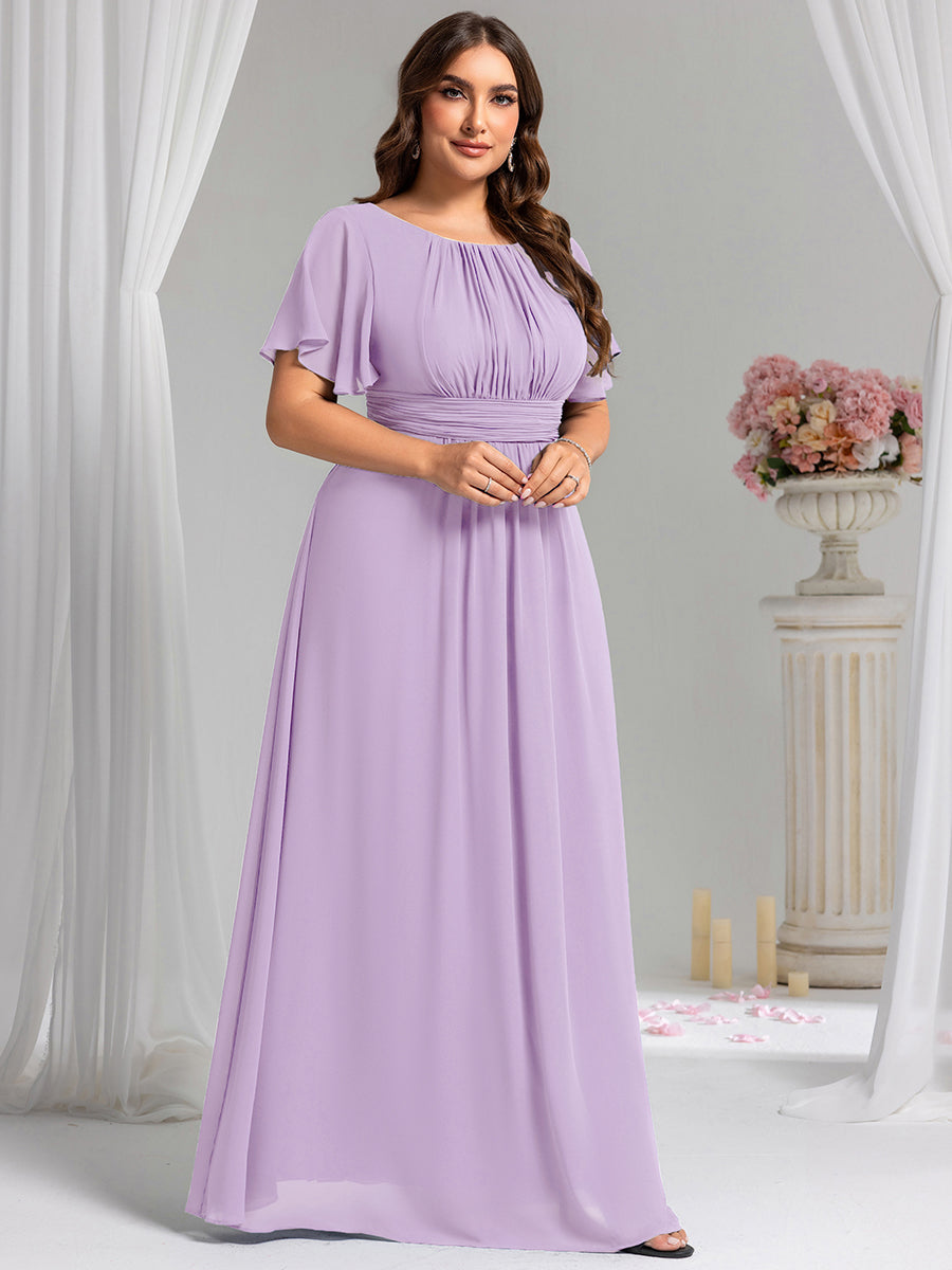 Bodenlanger A-Linien Chiffonkleid Mit Falten Und Rüschen Details Rundhals #Farbe_Mattflieder