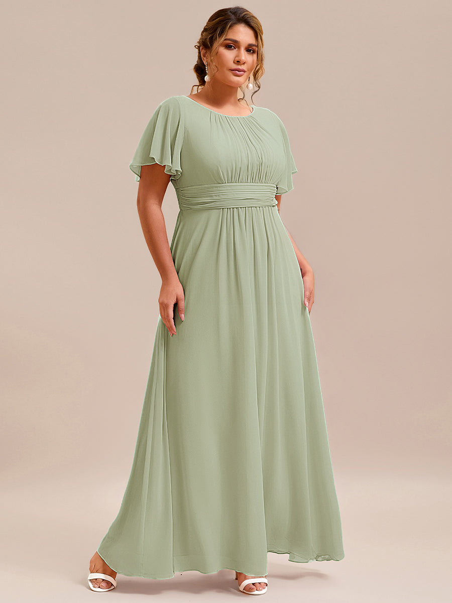 Bodenlanger A-Linien Chiffonkleid Mit Falten Und Rüschen Details Rundhals #Farbe_Mintgrün