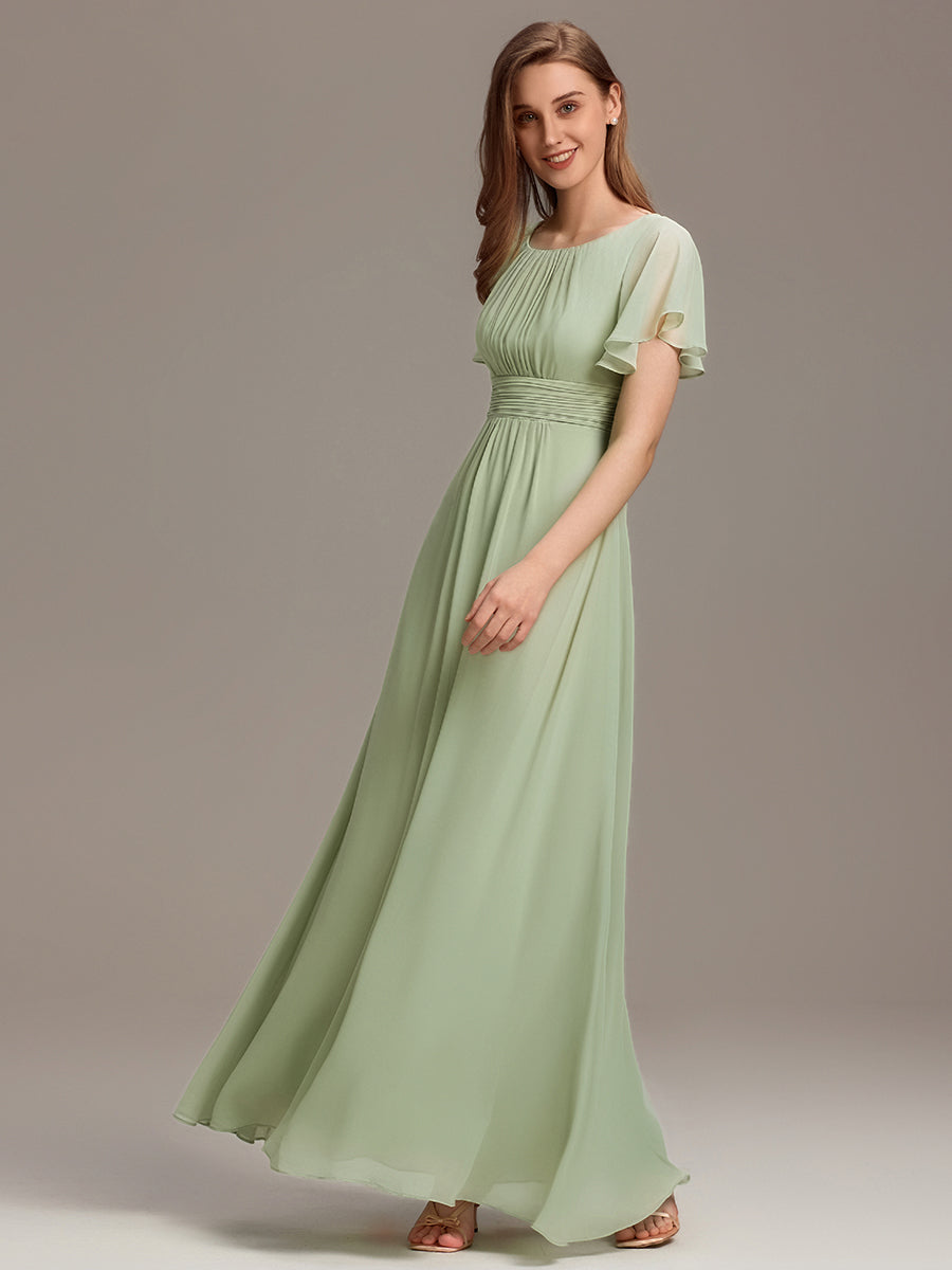 Bodenlanger A-Linien Chiffonkleid Mit Falten Und Rüschen Details Rundhals #Farbe_Mintgrün