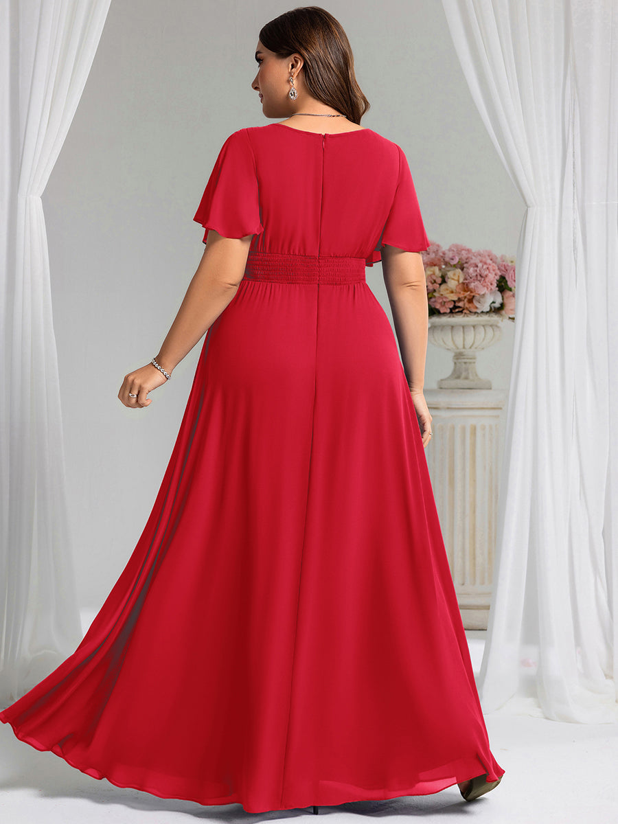 Bodenlanger A-Linien Chiffonkleid Mit Falten Und Rüschen Details Rundhals #Farbe_Rot
