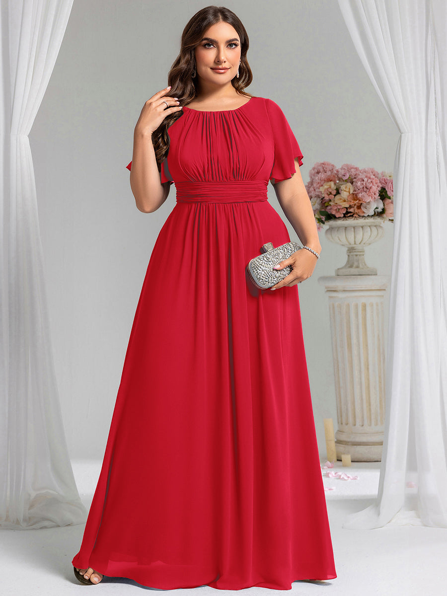 Bodenlanger A-Linien Chiffonkleid Mit Falten Und Rüschen Details Rundhals #Farbe_Rot