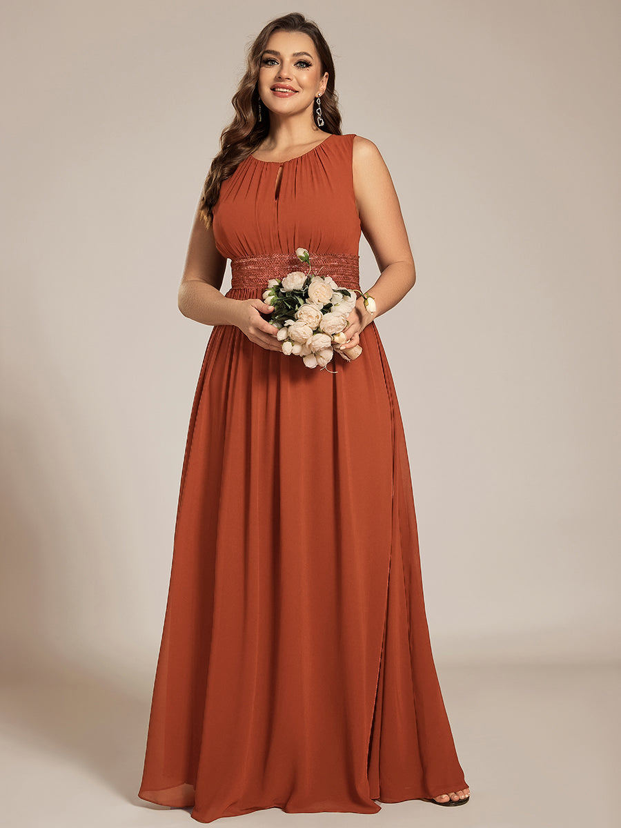 Bodenlanger A-Linien Chiffon Kleid Mit Rundhalsausschnitt Und Bestickten Details #Farbe_Gebranntes Orange