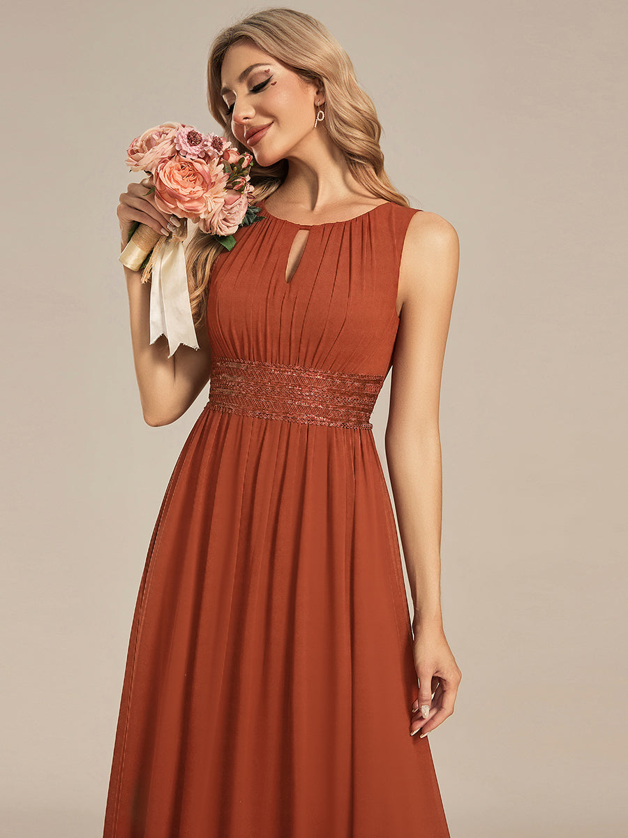 Bodenlanger A-Linien Chiffon Kleid Mit Rundhalsausschnitt Und Bestickten Details #Farbe_Gebranntes Orange