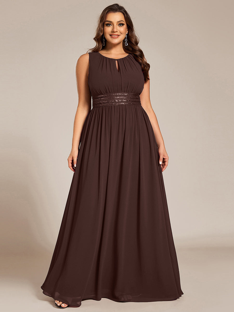 Bodenlanger A-Linien Chiffon Kleid Mit Rundhalsausschnitt Und Bestickten Details #Farbe_Schokoladenbraun