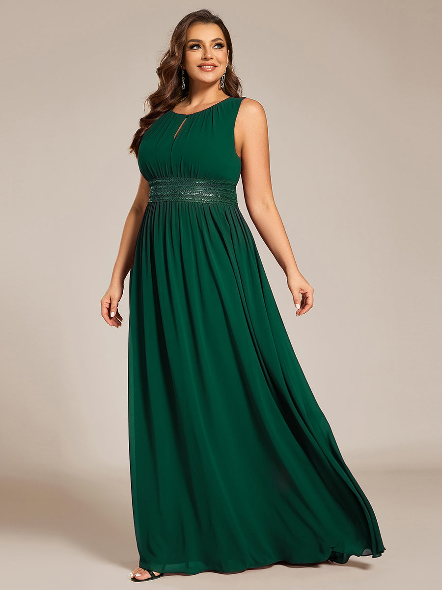 Bodenlanger A-Linien Chiffon Kleid Mit Rundhalsausschnitt Und Bestickten Details #Farbe_Dunkelgrün