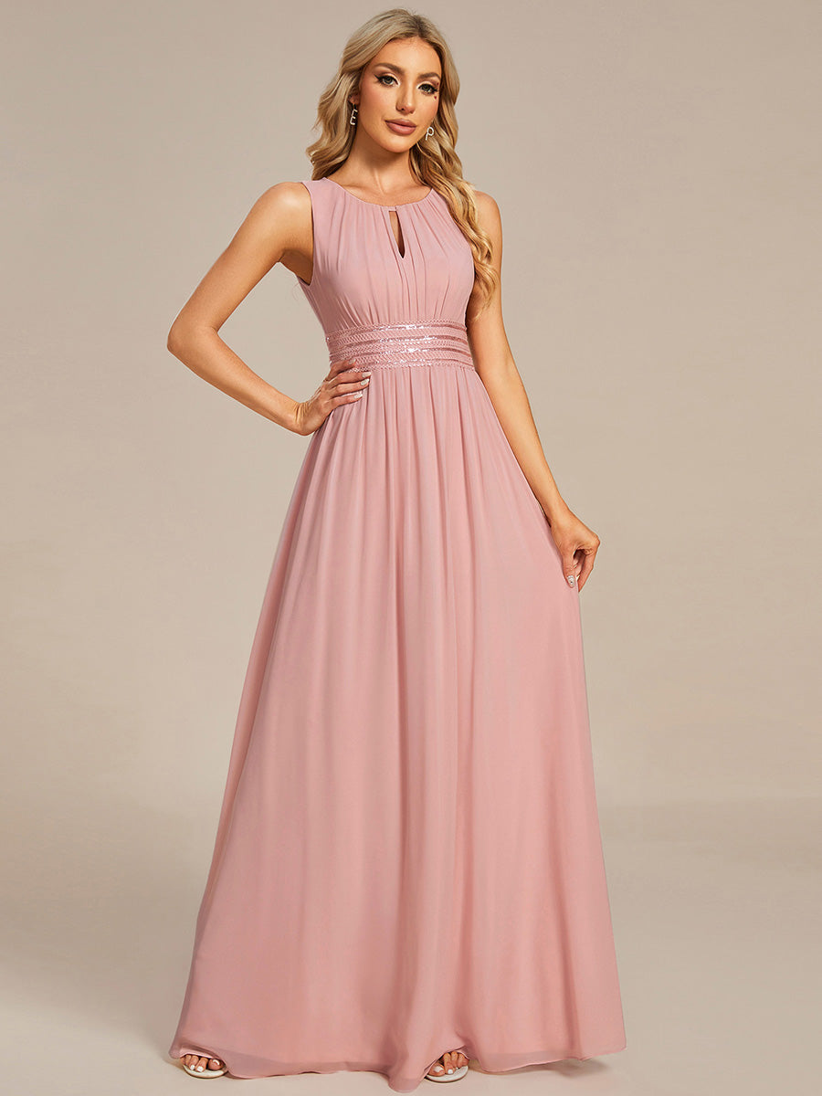 Bodenlanger A-Linien Chiffon Kleid Mit Rundhalsausschnitt Und Bestickten Details #Farbe_Altrosa