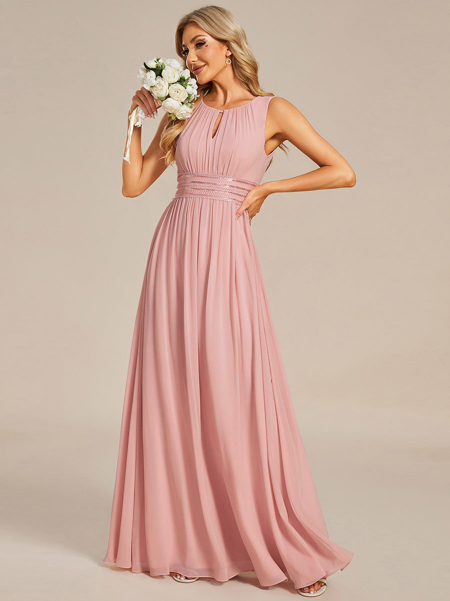 Bodenlanger A-Linien Chiffon Kleid Mit Rundhalsausschnitt Und Bestickten Details #Farbe_Altrosa