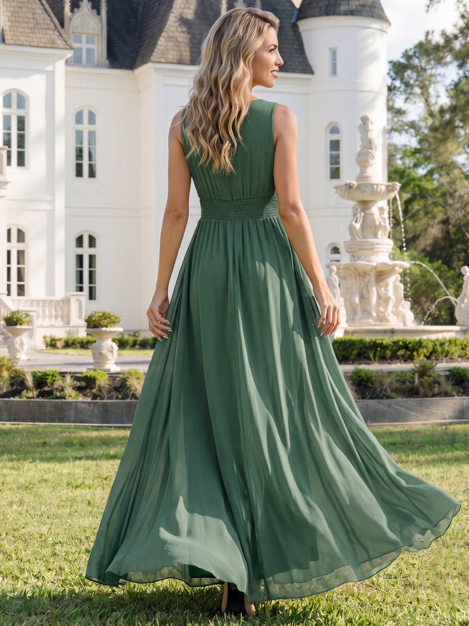Bodenlanger A-Linien Chiffon Kleid Mit Rundhalsausschnitt Und Bestickten Details #Farbe_Eukalyptus