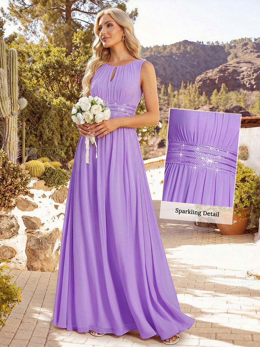 Bodenlanger A-Linien Chiffon Kleid Mit Rundhalsausschnitt Und Bestickten Details #Farbe_Lavendel