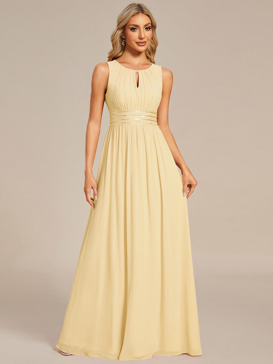 Bodenlanger A-Linien Chiffon Kleid Mit Rundhalsausschnitt Und Bestickten Details #Farbe_Gelb