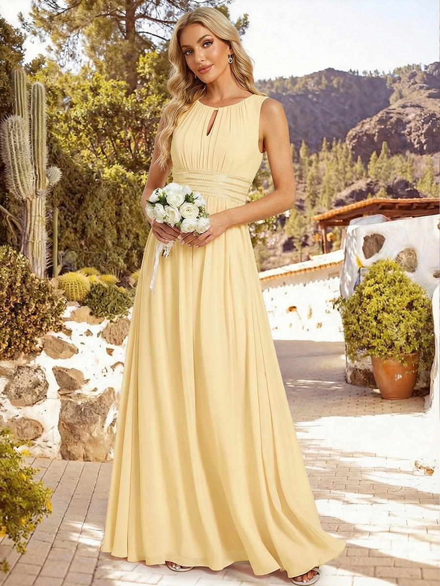 Bodenlanger A-Linien Chiffon Kleid Mit Rundhalsausschnitt Und Bestickten Details #Farbe_Gelb
