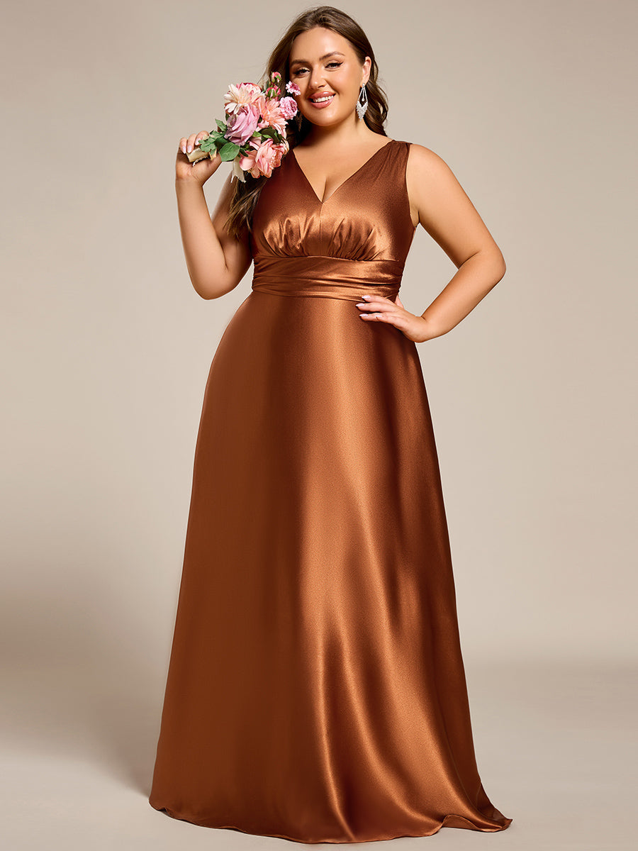 Bodenlanger V-Ausschnitt A-Linie Satin Kleid Mit Tiefem V-Ausschnitt Und Gerafften Details #Farbe_Kupfer