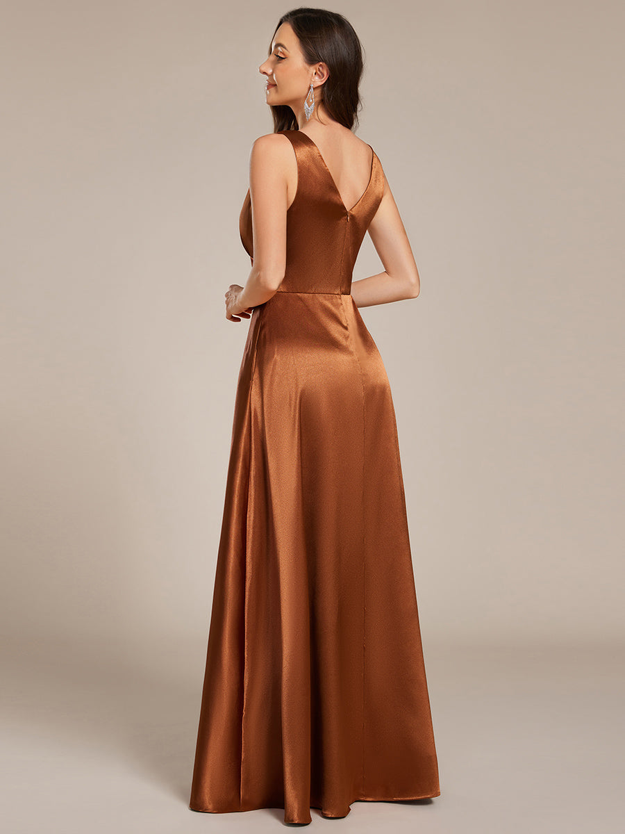 Bodenlanger V-Ausschnitt A-Linie Satin Kleid Mit Tiefem V-Ausschnitt Und Gerafften Details #Farbe_Kupfer