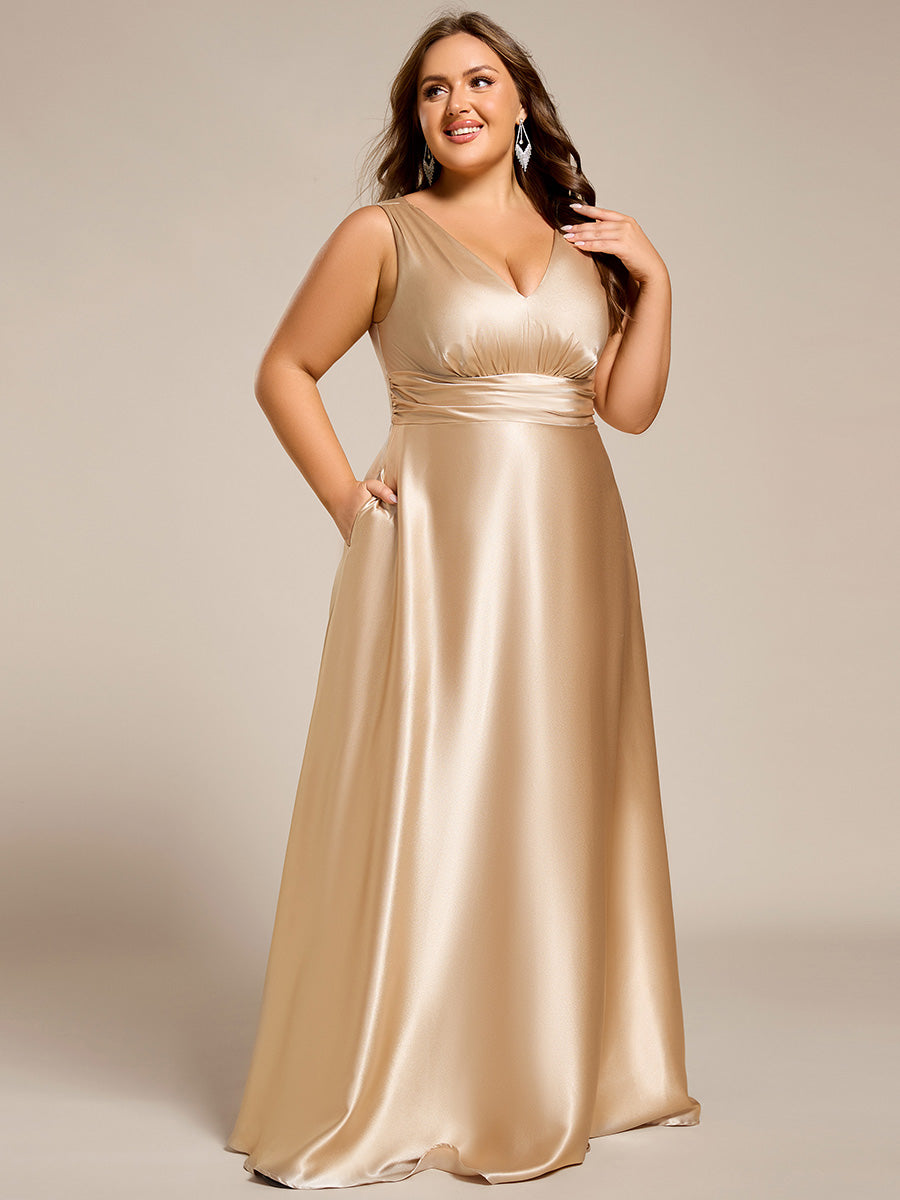 Bodenlanger V-Ausschnitt A-Linie Satin Kleid Mit Tiefem V-Ausschnitt Und Gerafften Details #Farbe_Champagner