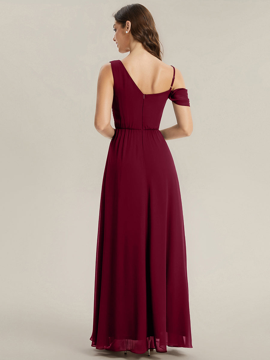 Bodenlanger Asymmetrischer A-Linien Chiffonkleid Mit Pailletten Hohem Schlitz Cowl Neck Kleid #Farbe_Burgunderrot