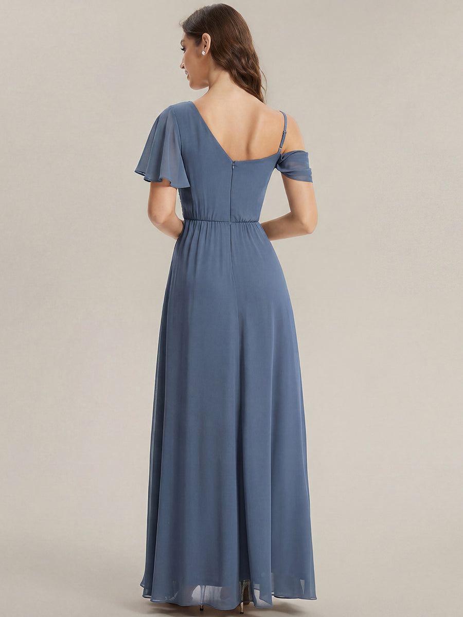 Bodenlanger Asymmetrischer A-Linien Chiffonkleid Mit Pailletten Hohem Schlitz Cowl Neck Kleid #Farbe_Taubenblau