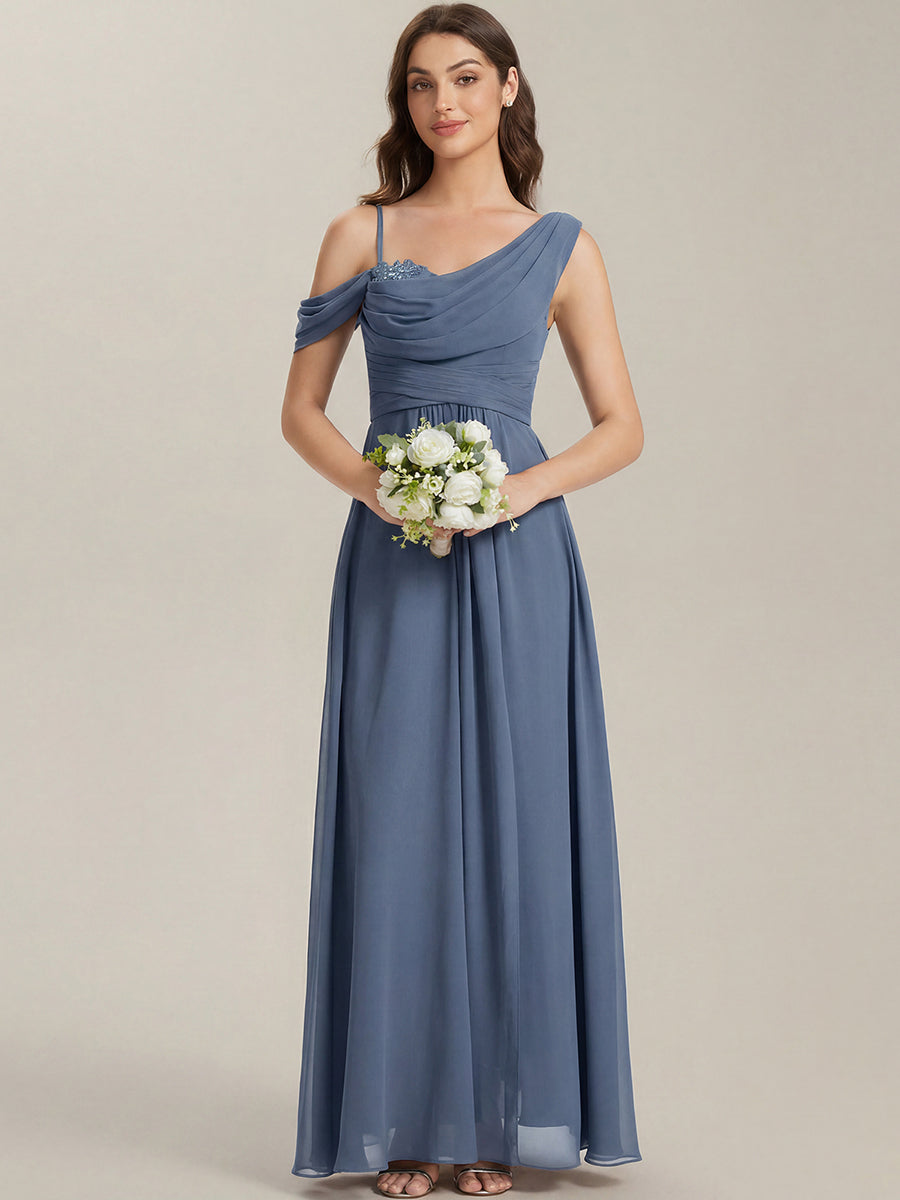 Bodenlanger Asymmetrischer A-Linien Chiffonkleid Mit Pailletten Hohem Schlitz Cowl Neck Kleid #Farbe_Taubenblau