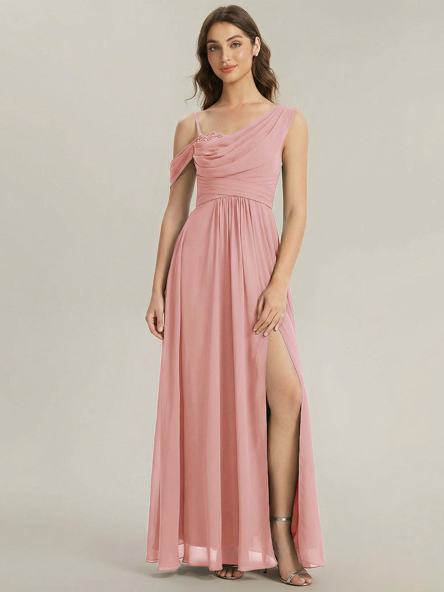 Bodenlanger Asymmetrischer A-Linien Chiffonkleid Mit Pailletten Hohem Schlitz Cowl Neck Kleid #Farbe_Altrosa