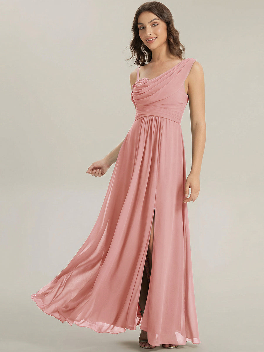 Bodenlanger Asymmetrischer A-Linien Chiffonkleid Mit Pailletten Hohem Schlitz Cowl Neck Kleid #Farbe_Altrosa