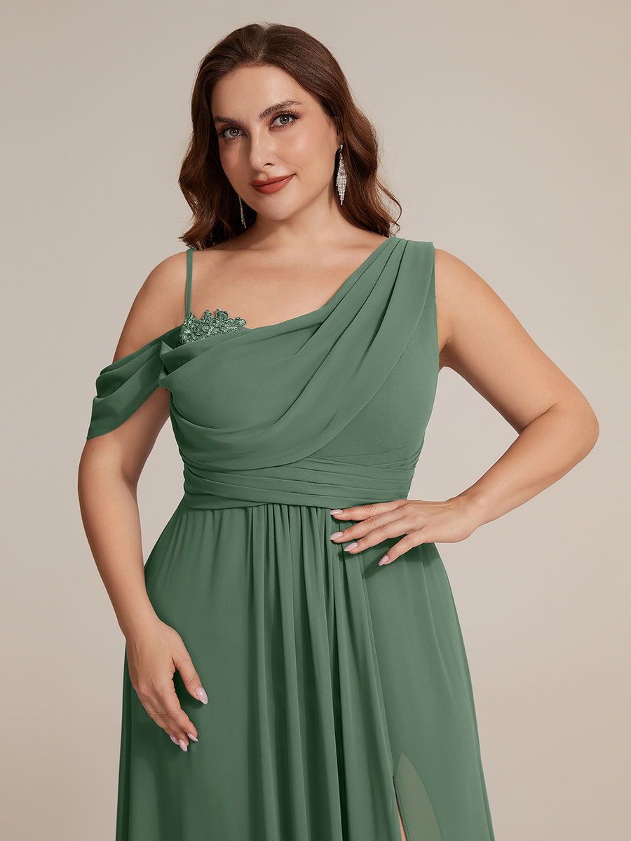 Bodenlanger Asymmetrischer A-Linien Chiffonkleid Mit Pailletten Hohem Schlitz Cowl Neck Kleid #Farbe_Eukalyptus