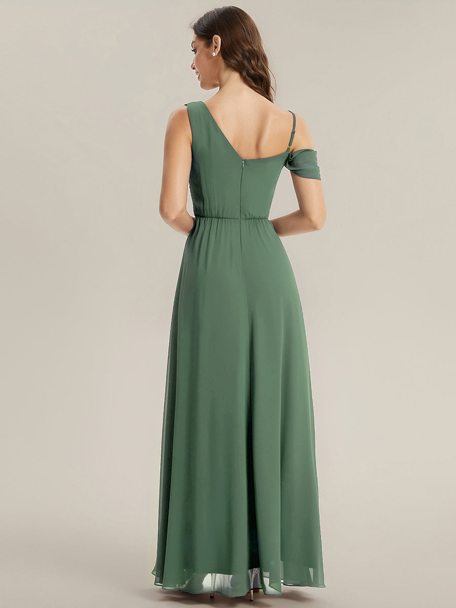 Bodenlanger Asymmetrischer A-Linien Chiffonkleid Mit Pailletten Hohem Schlitz Cowl Neck Kleid #Farbe_Eukalyptus