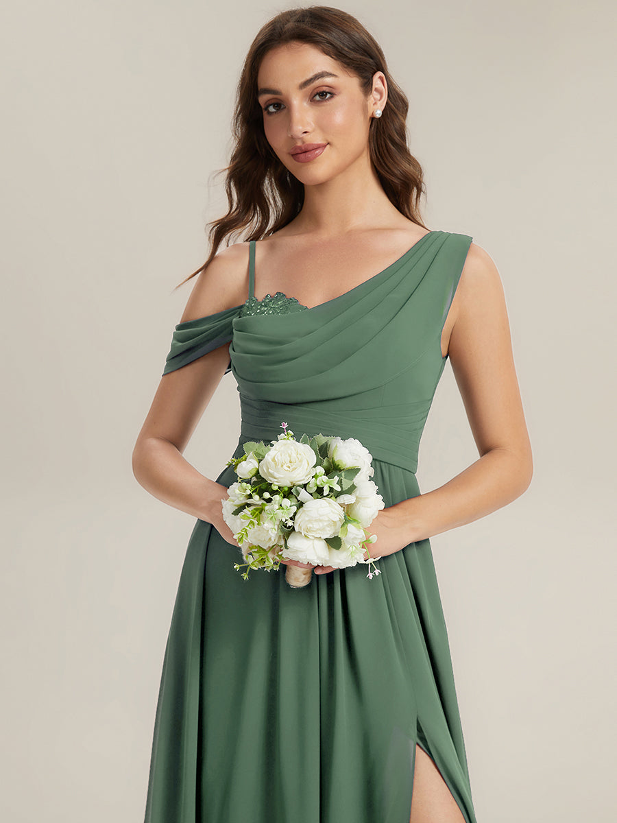 Bodenlanger Asymmetrischer A-Linien Chiffonkleid Mit Pailletten Hohem Schlitz Cowl Neck Kleid #Farbe_Eukalyptus
