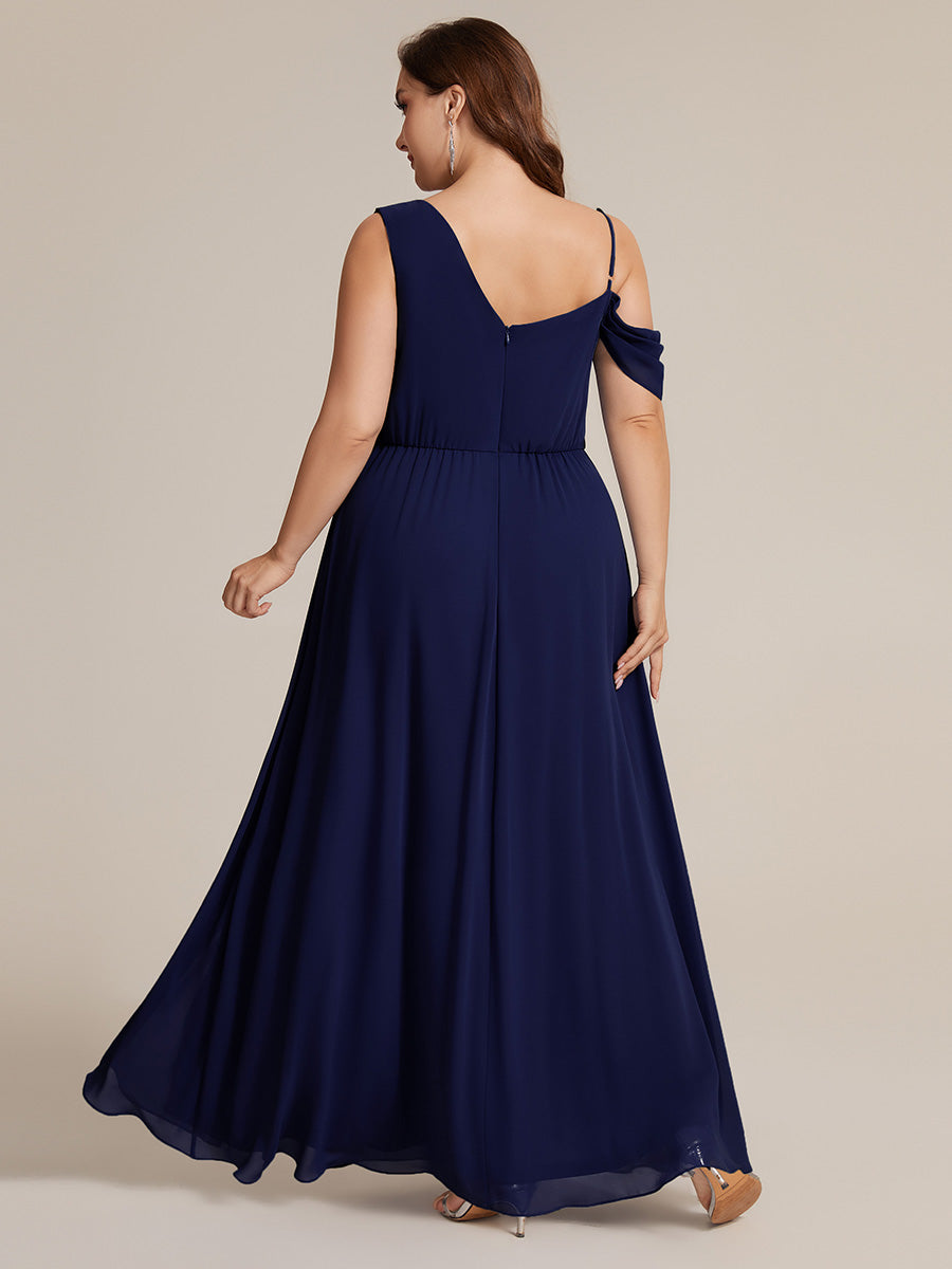 Bodenlanger Asymmetrischer A-Linien Chiffonkleid Mit Pailletten Hohem Schlitz Cowl Neck Kleid #Farbe_Marineblau