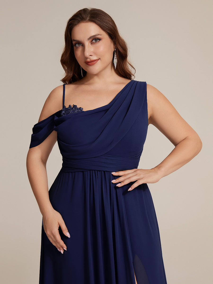 Bodenlanger Asymmetrischer A-Linien Chiffonkleid Mit Pailletten Hohem Schlitz Cowl Neck Kleid #Farbe_Marineblau