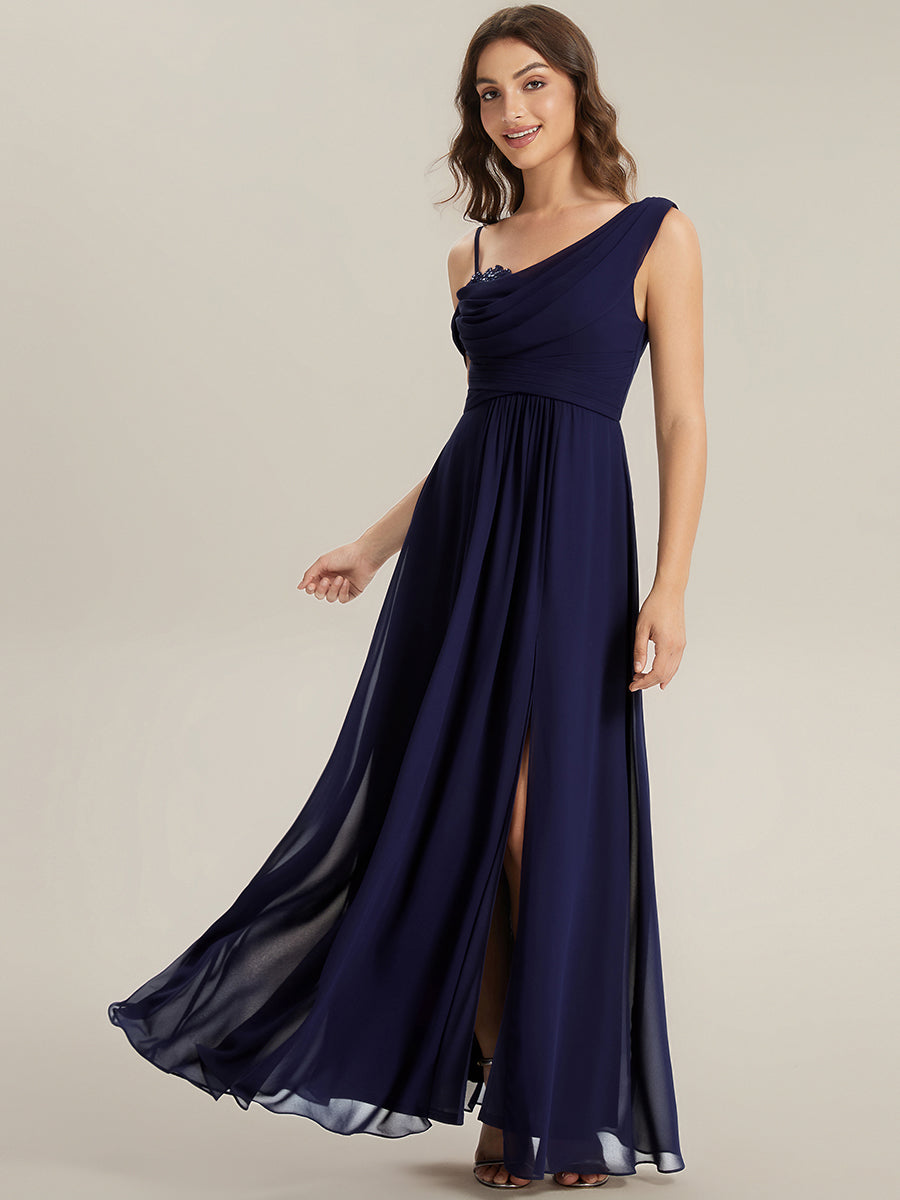 Bodenlanger Asymmetrischer A-Linien Chiffonkleid Mit Pailletten Hohem Schlitz Cowl Neck Kleid #Farbe_Marineblau