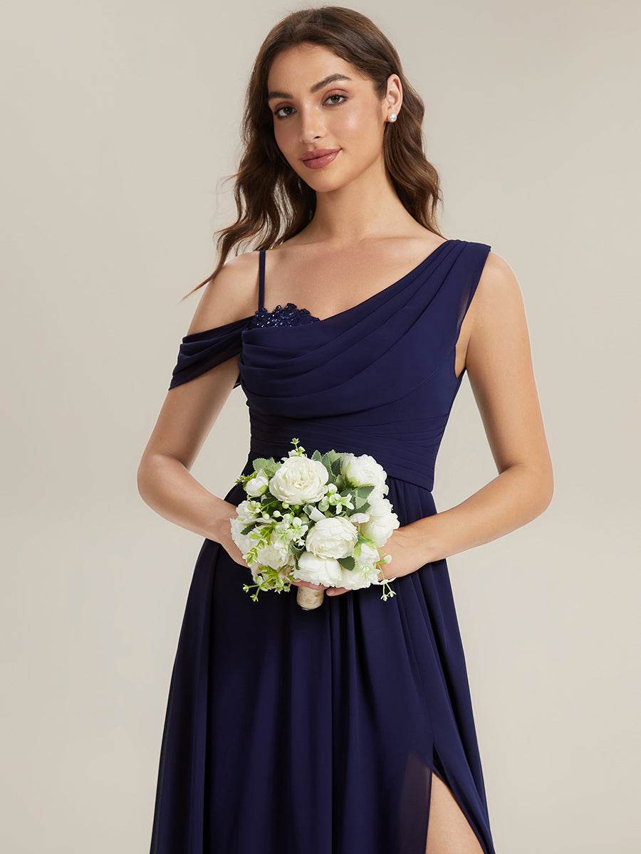 Bodenlanger Asymmetrischer A-Linien Chiffonkleid Mit Pailletten Hohem Schlitz Cowl Neck Kleid #Farbe_Marineblau