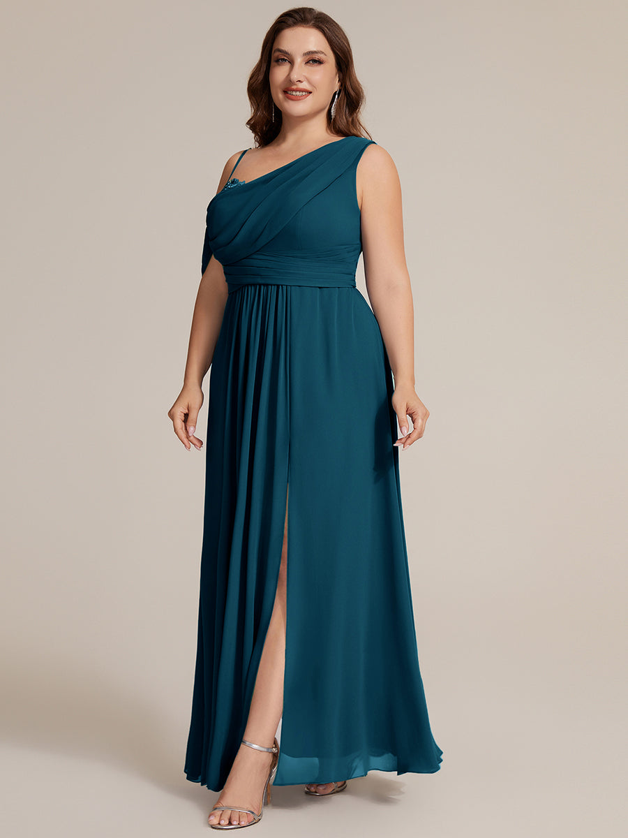 Bodenlanger Asymmetrischer A-Linien Chiffonkleid Mit Pailletten Hohem Schlitz Cowl Neck Kleid #Farbe_Petrol