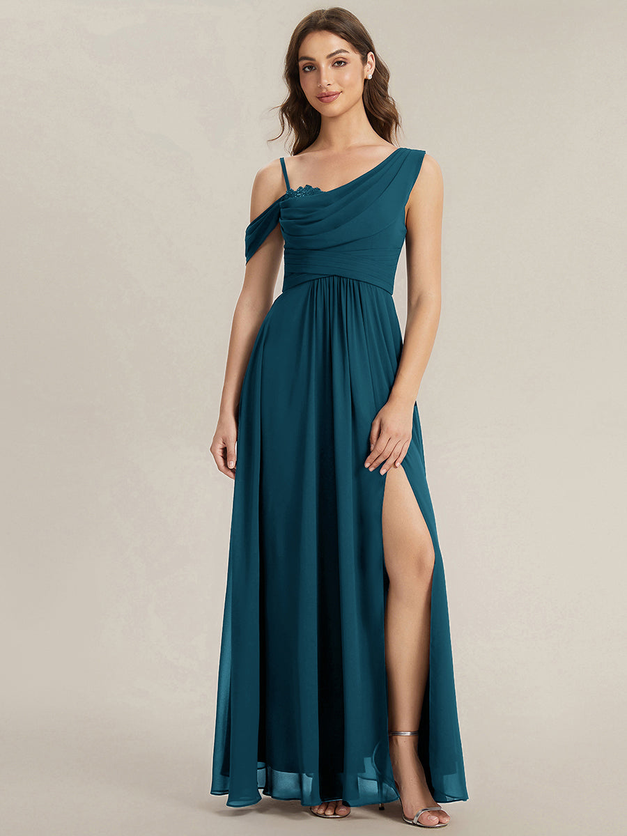 Bodenlanger Asymmetrischer A-Linien Chiffonkleid Mit Pailletten Hohem Schlitz Cowl Neck Kleid #Farbe_Petrol