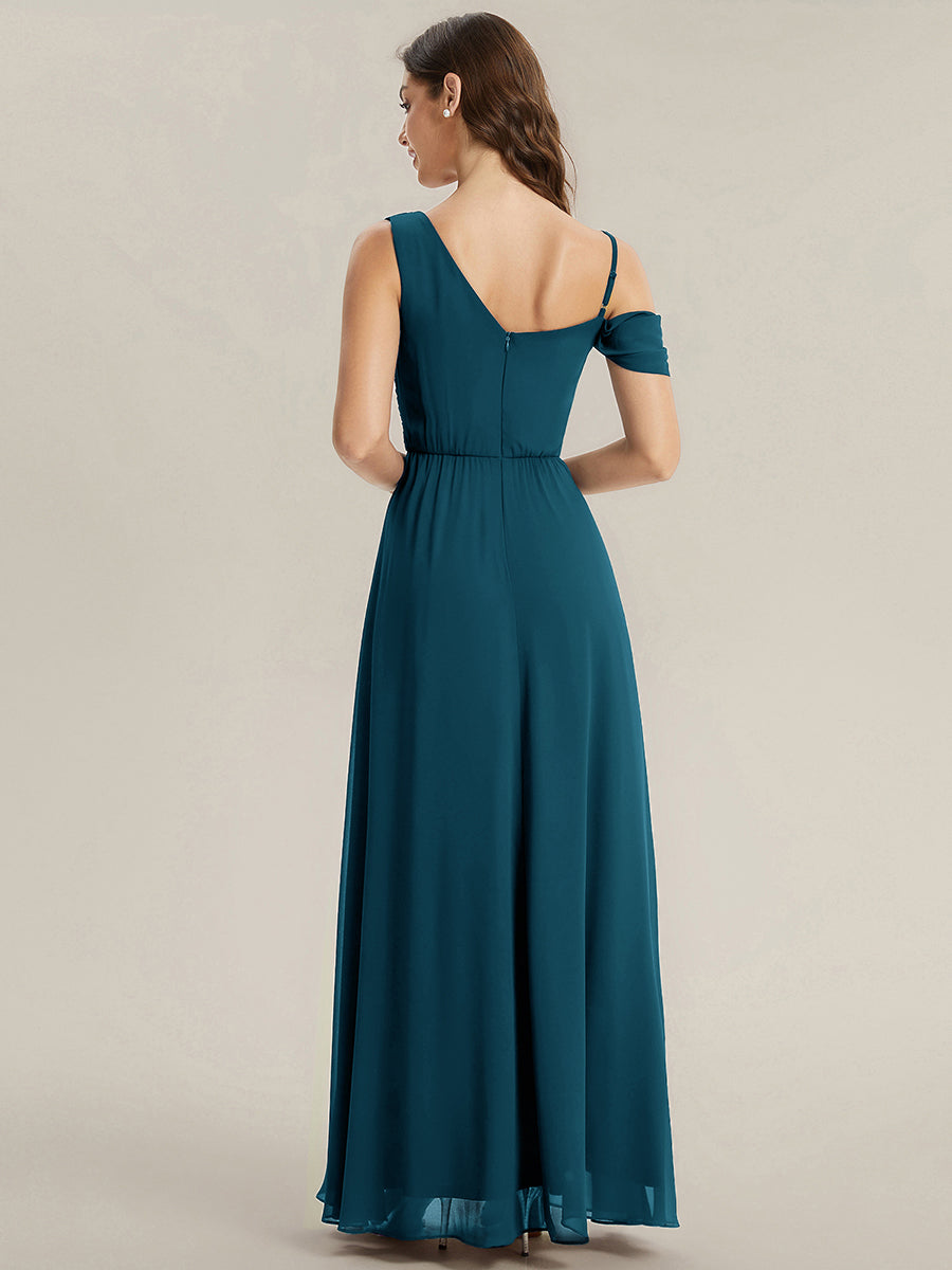 Bodenlanger Asymmetrischer A-Linien Chiffonkleid Mit Pailletten Hohem Schlitz Cowl Neck Kleid #Farbe_Petrol